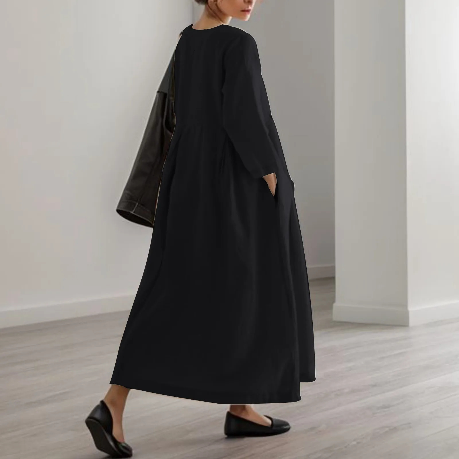 Vestido Vintage Cotton Linen Long Dresses for Women 2023 Autumn Solid Sleeve Boho Maxi Dress Pocket Loose Tunic Shirt 240312