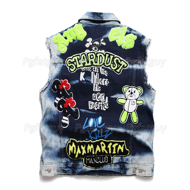 Retro Motorcycle Mens Sets Rock Badge Embroidered Waistcoat and Ripped Patch Stretch Pants Summer Vest Jeans 2 Pieces Set 240318