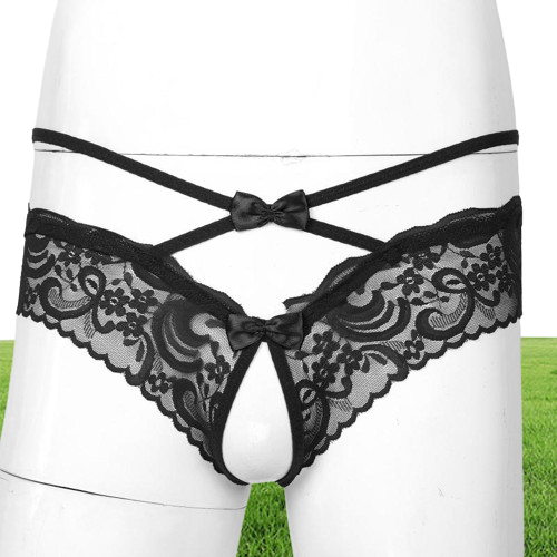 Men Lace Crotchless Thong Erotic Sexy Lingerie Sissy Lace Seethrough Open Crotch Thong Briefs Bowknot Low Waist Gay Underwear5161122