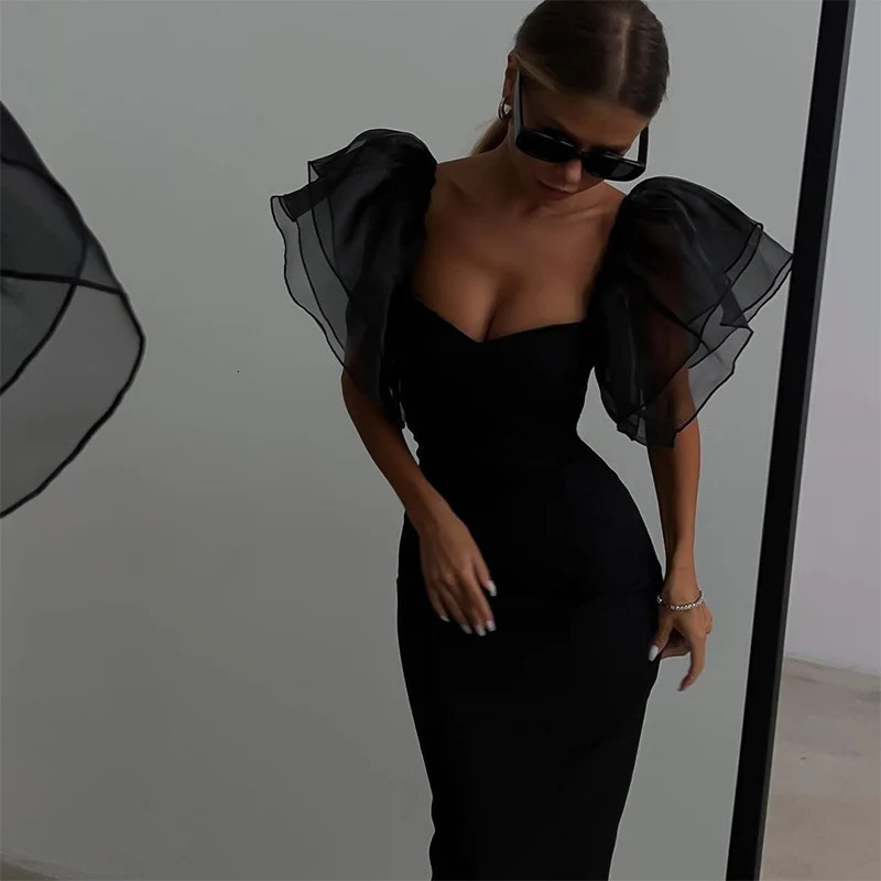 Mesh Butterfly Sleeve Sheath Bodycon Dres Square Neck Midi Robe Femme Solid Black Vestidos Mujer Sexy Lady Party Dresses 240314