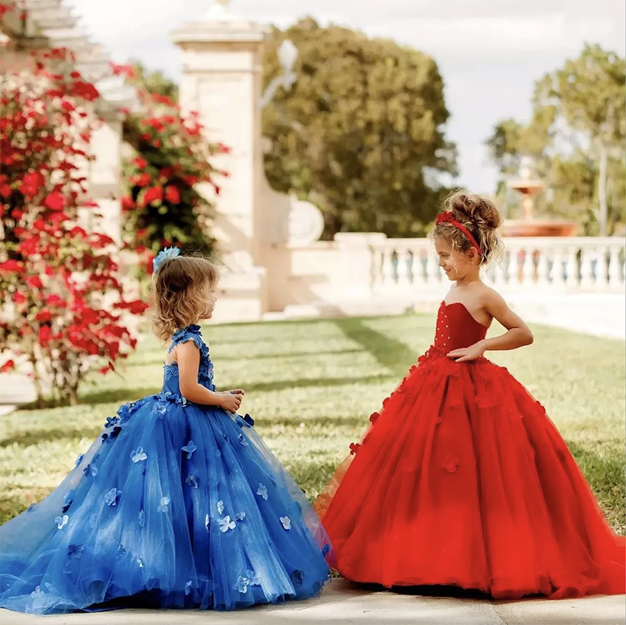 Royal Blue Lace wer Girl Dresses For Wedding 3D Appliqued Ball Gown Toddler Pageant Gowns Tulle or Length First Communion Dress