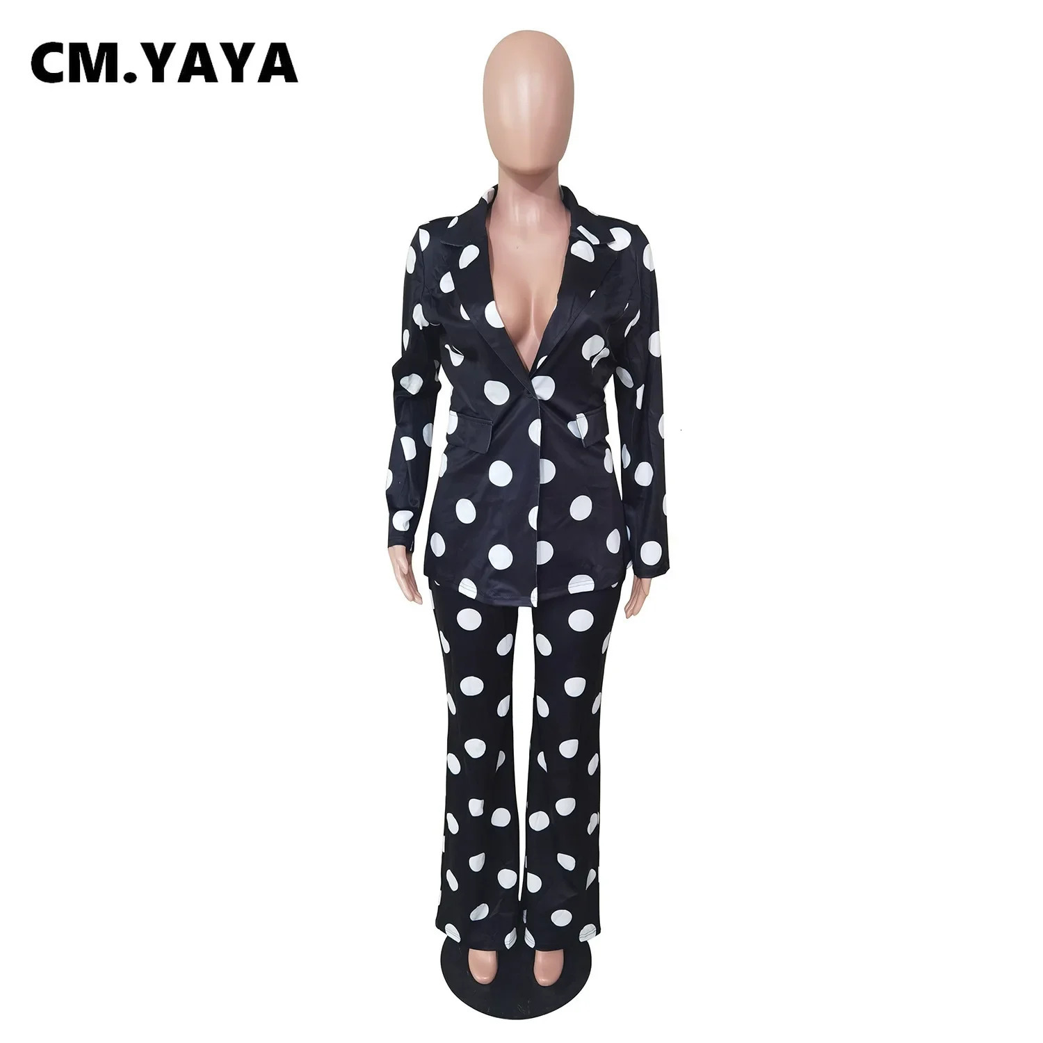 CMYAYA Spring Winter Polka Dot Women Two 2Piece Set Outfit Single Breasted Blazer and Straight Pants Suit Office Lady Tracksuit 240327