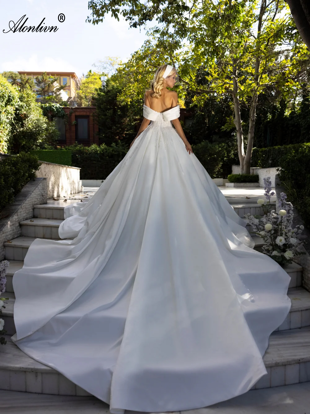 Luxury Satin Boat Neck Ball Gown Wedding Dress Robe De Marriage Off Shoulder Sleeves Beading Pearls Elegance Bridal Skirts