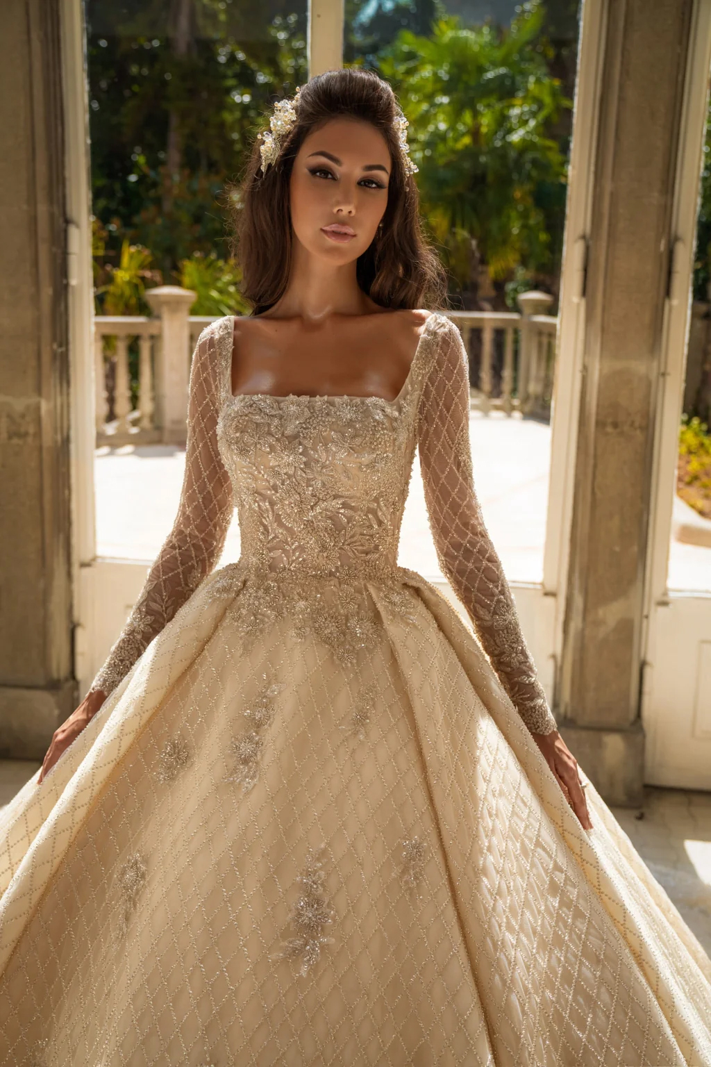 Magnificent Beading Lace Square Collar Ball Gown Wedding Dress Full Sleeves Beading Pearls Embroidery Appliques princess Bridal Gowns With Chapel Trai