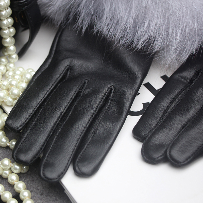 Real Sheepskin Gloves Fox Fur Women's Genuine Leather Glove Winter Warm Fashion Style Natural Fluffy Fox Fur