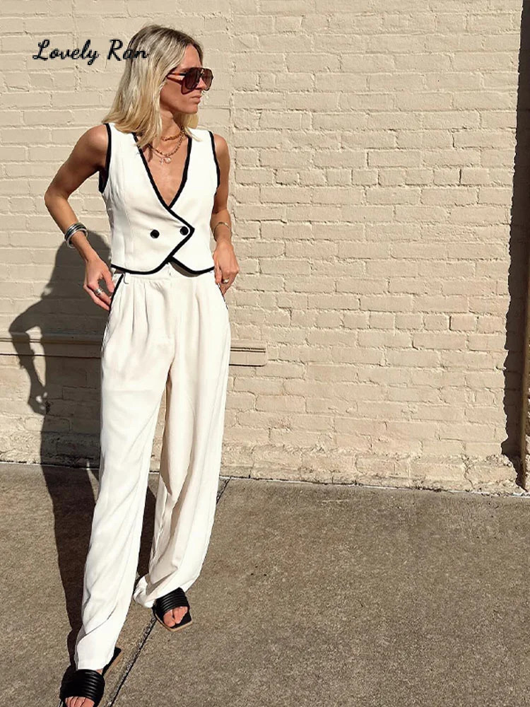 Fashion Pants Women Vest Suit Sexy Two Buttons Tank Top Casual Pencil Zippers Pocket Trousers Spring Summer Lady Set 240319