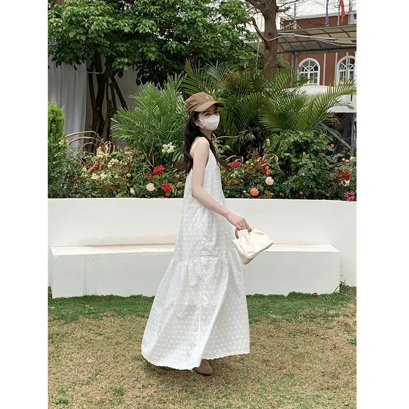 Arrival Summer Korean Style Women Loose Casual Dot Embroidery Aline Sleeveless Patchwork Anklelength Dresses V883 240327