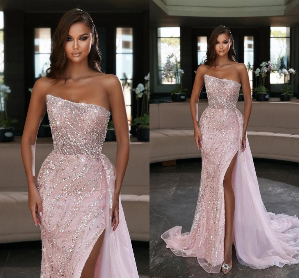 Stylish Pink Stunning High Split Evening Dresses Arabic Dubai Sexy Backless Strapless Long Sequined Beads Vestidos Formal Ocn Prom Party Gowns Bc14719