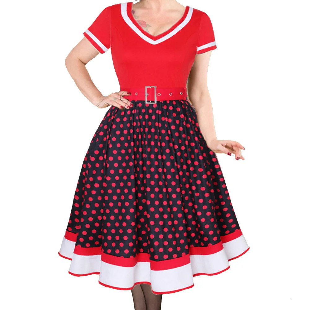 Polka Dot Swing Women Summer Dresses Hepburn Style VNeck Short Sleeve Robe Pinup Vintage Rockabilly Party Office Dress 240327