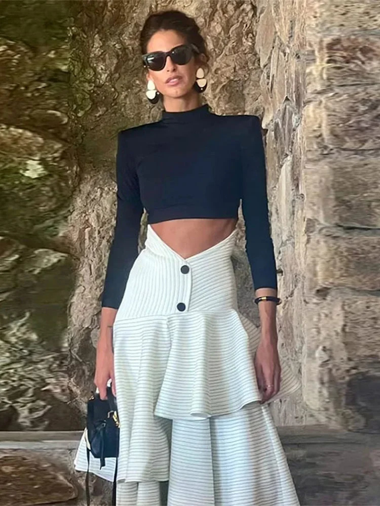 Fashion Ruffles Layer High Waist Long Skirt Set Women Turtleneck Sleeve Slim Top Suit 2024 Lady Elegant Party Club Outwear 240312