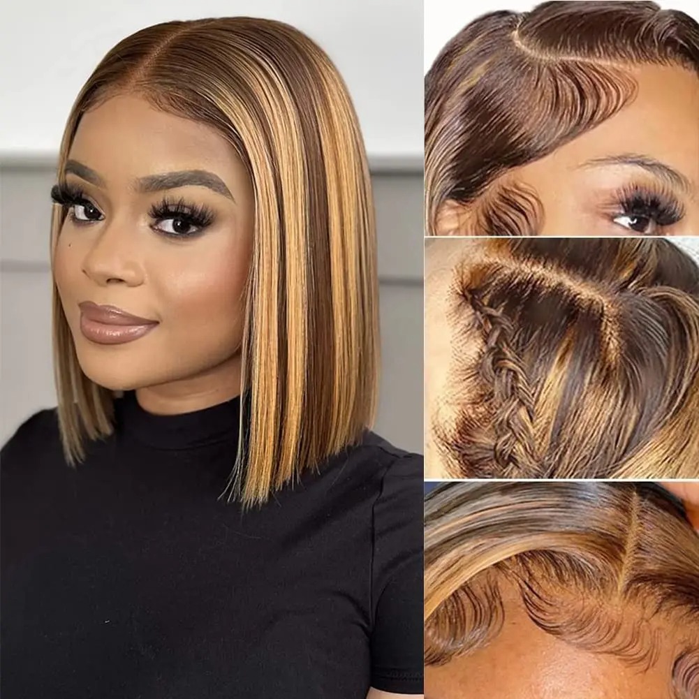 Glueless Highlight Wig Straight 13X4 Front Human Hair Ombre Honey Blonde Middle Part Lace Frontal Wigs