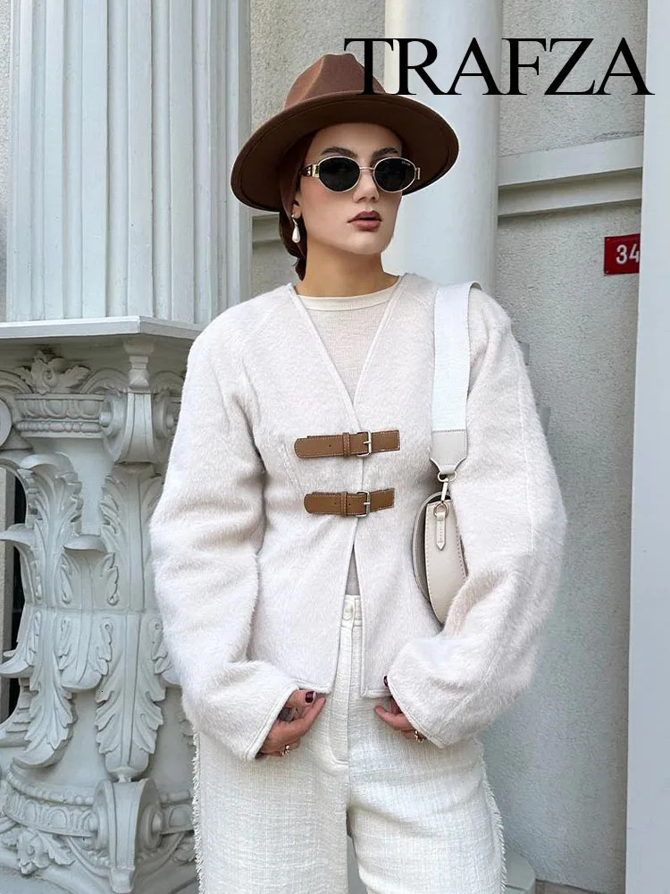 TRAFZA Womens Spring Fashion Sweater Coats Solid VNeck Long Sleeves Belt Decoration Cardigan Female Casual Slim Knitted Tops 240311