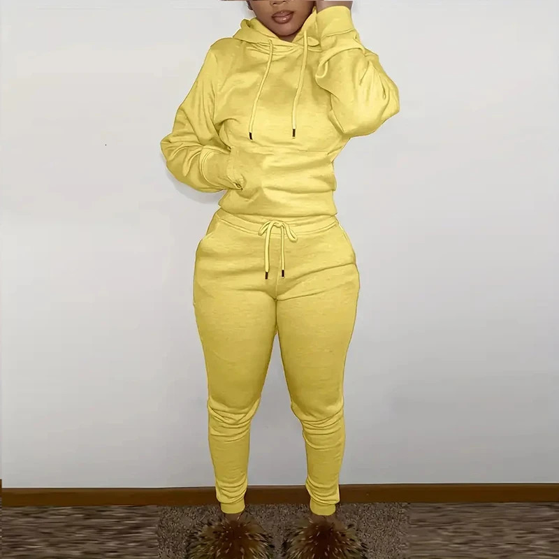 Fall Winter Women Casual Kangaroo Pocket Tracksuit Set Long Sleeve HoodieDrawstring Trousers Women Two Pieces Matching Suits 240325
