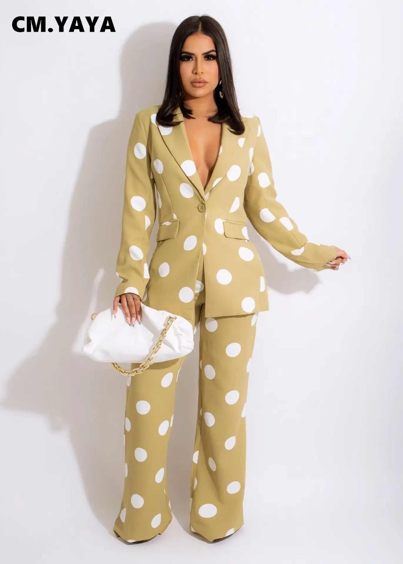 CMYAYA Spring Winter Polka Dot Women Two 2Piece Set Outfit Single Breasted Blazer and Straight Pants Suit Office Lady Tracksuit 240327
