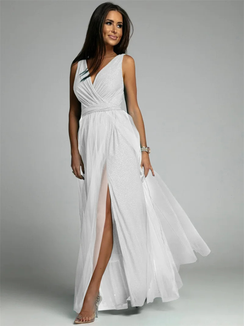 Sexy Crossover V Neck Dress Women Elegant Party Shrink Waist Sleeveless Dressy Female Split Hem Shiny Decoration Princess Skirt 240327
