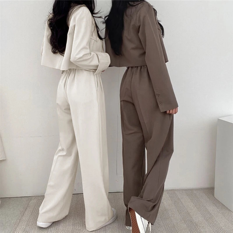 Korean OL Short Suits Sets Women Casual Loose Crop Blazers Jackets Conjunto High Waist Wide Leg Pants Ensemble Offcie Outfit 240327