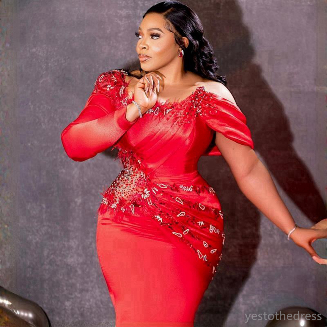 Plus Size Aso Ebi Prom Black Women Mermaid Illusion Promdress Formal Dress For Special Ocns Feathered Beaded Birthday Dresses Gala Gowns AM Dress Es