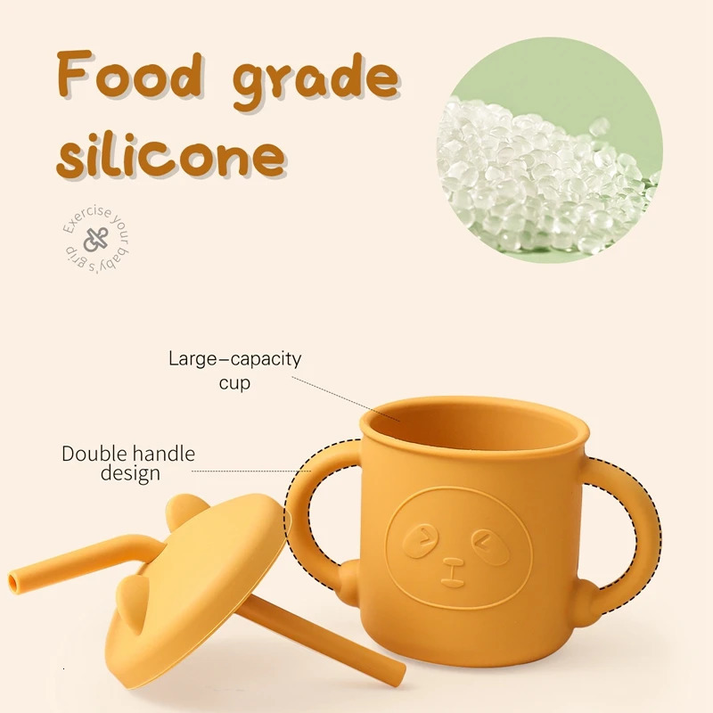 Lets Make Bear Silicone Baby Feeding Cup with Straw BPA Free Silicon Sippy Trainer Cups Handles Water Bottle 240322