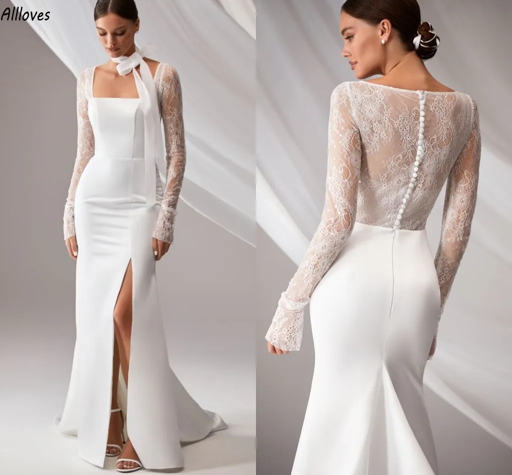 Simple Boho Lace Mermaid Wedding Dresses Vintate Square Neck Long Sleeves Chic Bridal Gowns Sweep Train Sexy Split Back Buttons Modern Bride Robes de 