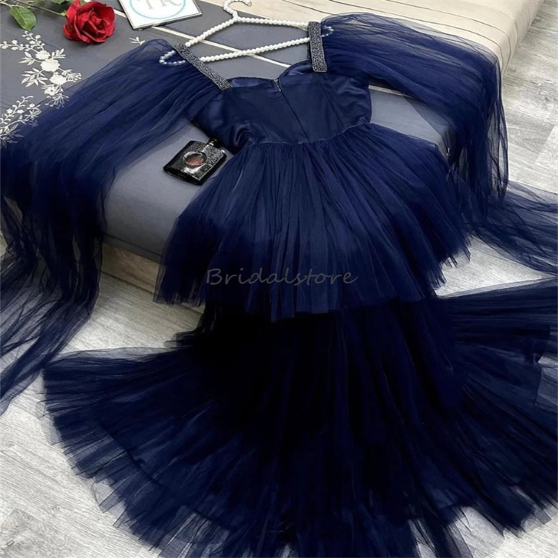 Navy Blue Saudi Arabic Evening Dresses 2024 Cape Sleeves A Line Tiered Tulle Maxi Prom Dress Ankle Length Beaded Formal Birthday Party Dress Turkish V