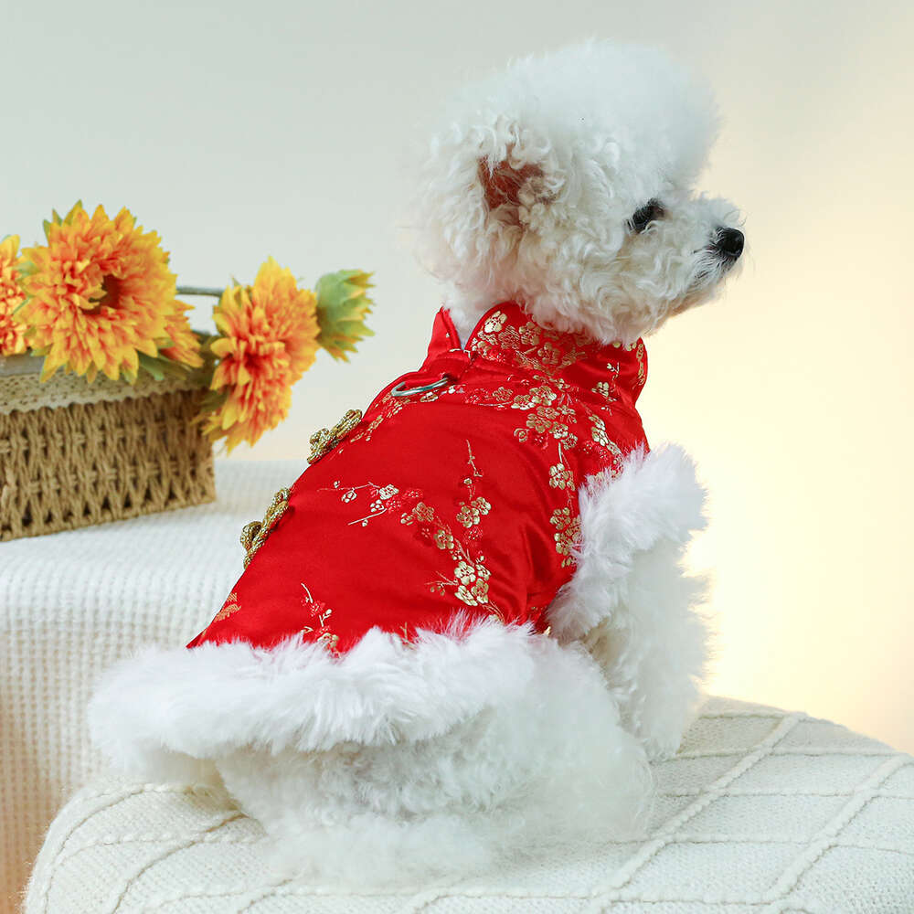 Traditional Dresses for Small Medium Dogs Girl with Lace Bow New Year Eve Princess Clothes Wedding Dress Pets Winter Teddy Party Coat Spring Festival 