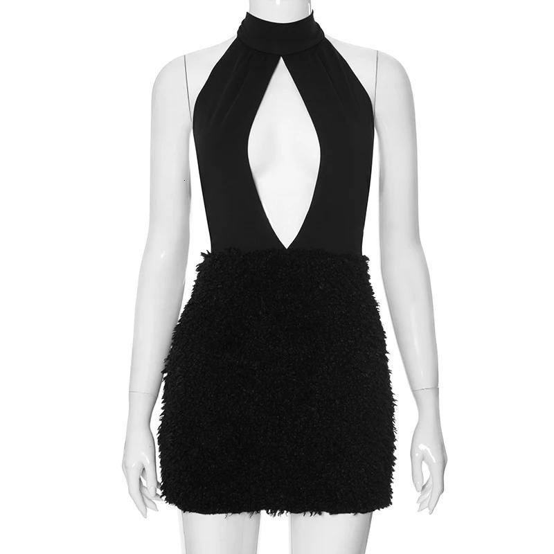 CUTENOVA Women Black Chic Sexy Halterneck Cut Out Bustier Sleeveless Tank Furry Patchwork Dress Y2K Skinny Spaghetti 240327