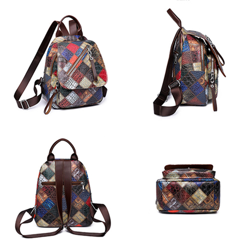 soft leather texture backpack women's bag patchwork contrasting color travel bag