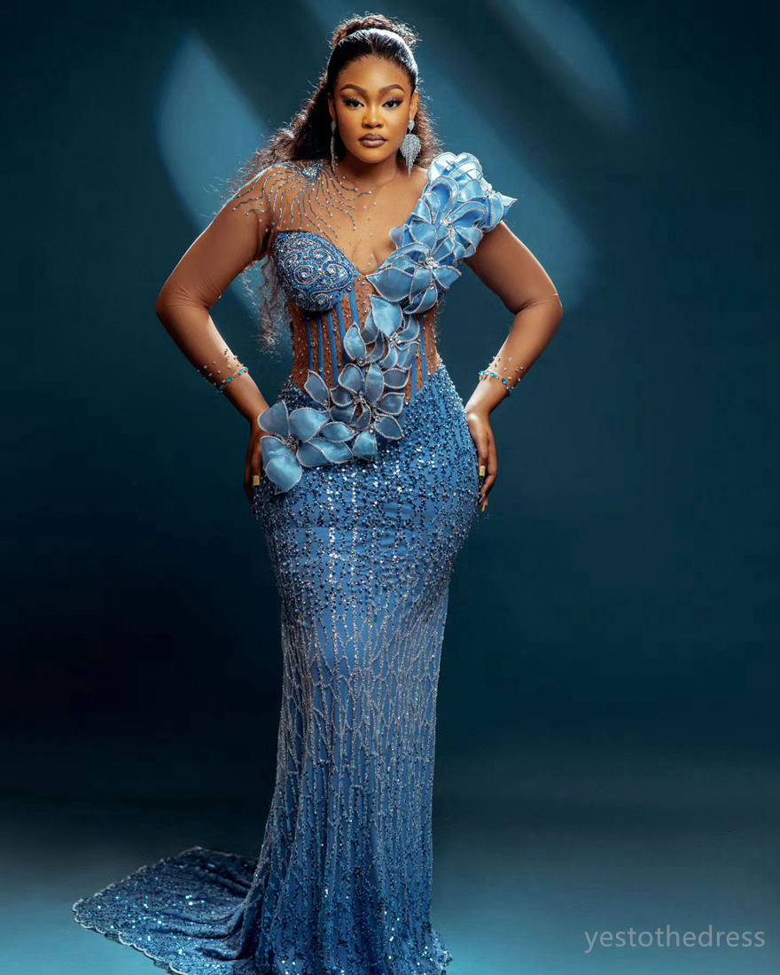 Size 2024 Plus Aso Ebi Prom for Black Women African Promdress Evening Dresses Elegant Illusion Long Sleeves Beaded Lace Birthday Dress Reception Gown 