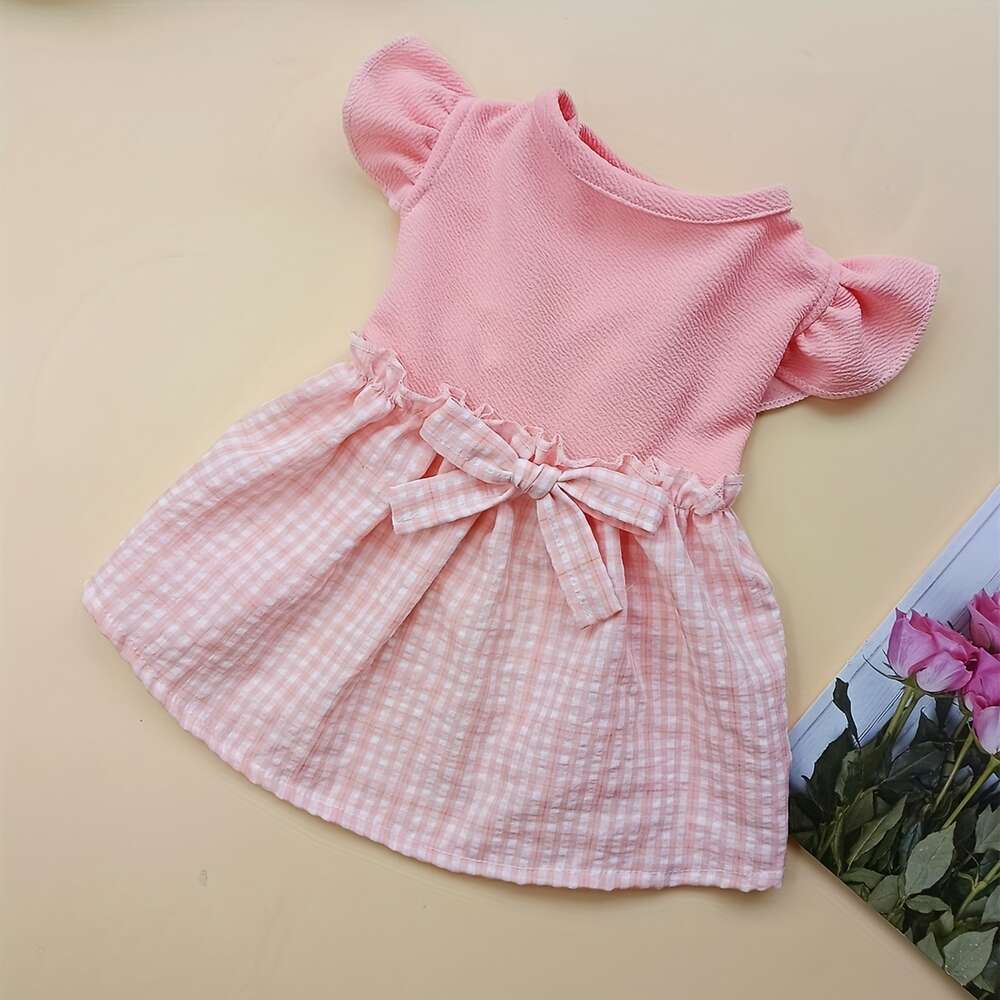 1pc pet dress with plaid bow flying sleeves all season dog and cat clothing