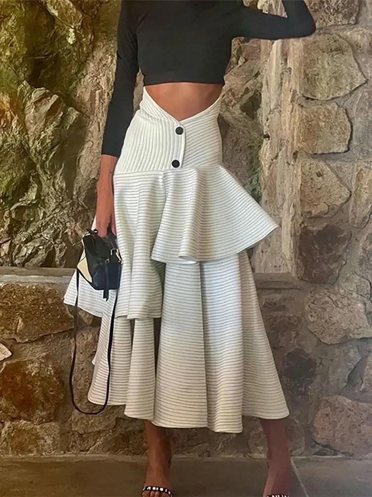 Fashion Ruffles Layer High Waist Long Skirt Set Women Turtleneck Sleeve Slim Top Suit 2024 Lady Elegant Party Club Outwear 240312