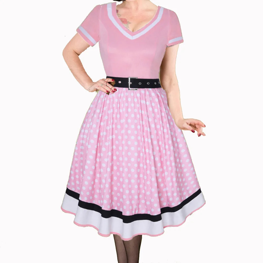 Polka Dot Swing Women Summer Dresses Hepburn Style VNeck Short Sleeve Robe Pinup Vintage Rockabilly Party Office Dress 240327