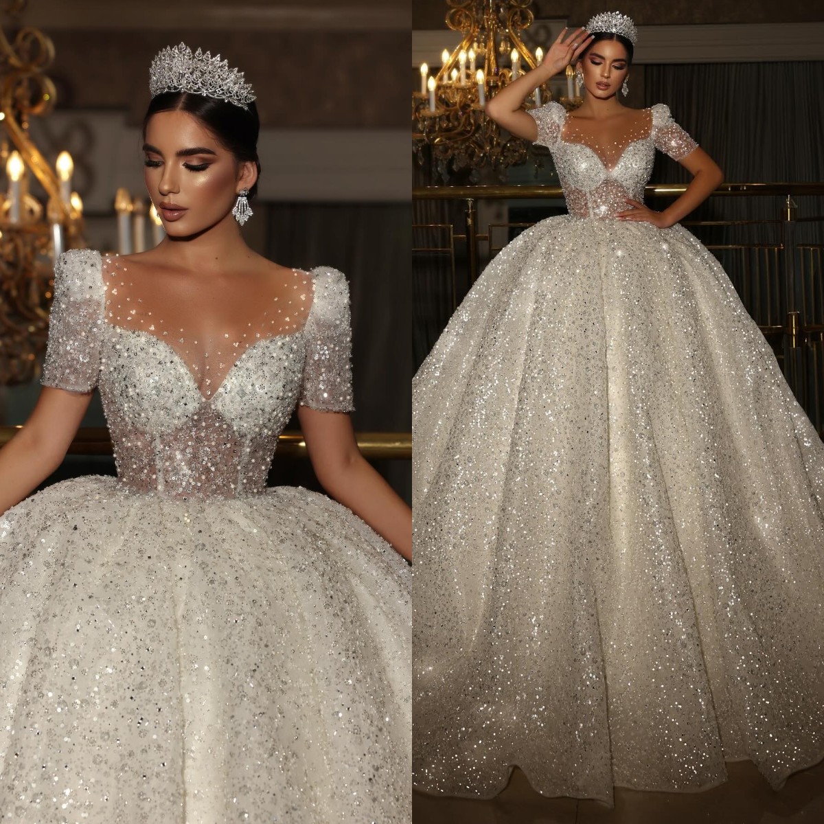 Crystal Ball Gown Wedding Dress For Bride Bodice Sheer Beads Neck Short Sleeves Sequins Wedding Dresses Dubai Saudi Arabic Sweep Train R Bridal Gowns
