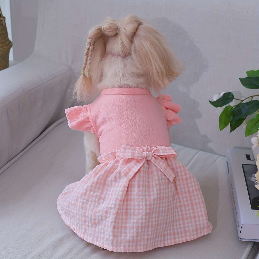1pc pet dress with plaid bow flying sleeves all season dog and cat clothing