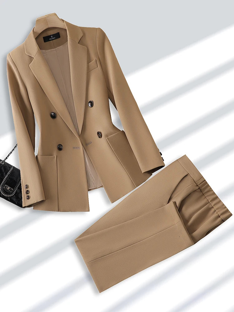 Fashion Ladies Pant Suit Formal Women Office Business Work Wear Blazer And Trouser Beige Black Khaki 2 Piece Set With Pocket 240327