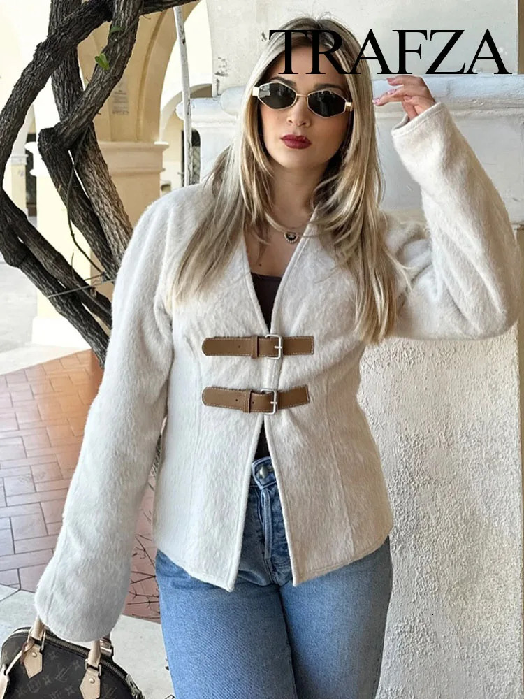 TRAFZA Womens Spring Fashion Sweater Coats Solid VNeck Long Sleeves Belt Decoration Cardigan Female Casual Slim Knitted Tops 240311