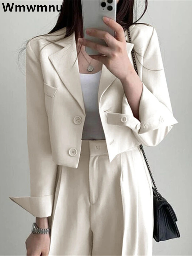 Korean OL Short Suits Sets Women Casual Loose Crop Blazers Jackets Conjunto High Waist Wide Leg Pants Ensemble Offcie Outfit 240327