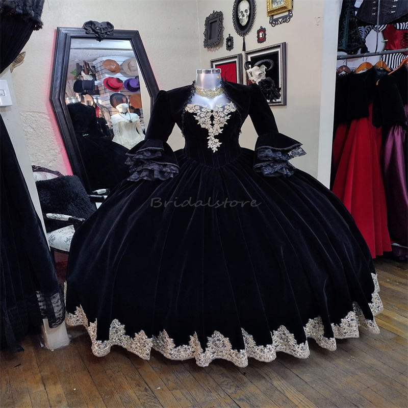 Historical Victorian Black Prom Dresses With Jackets 18th Century Europe Marie Antoinette Costume Medieval Rococo Vampire Evening Gowns Gothic Robe De