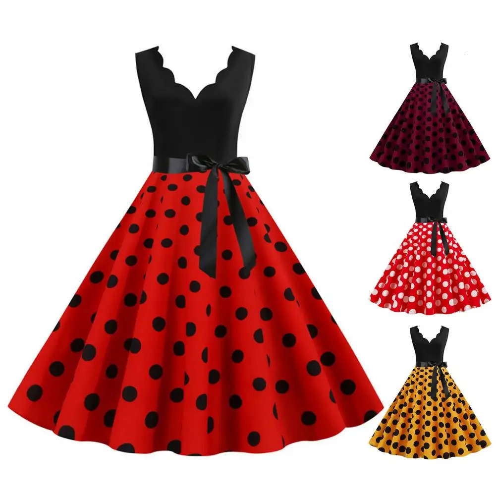 Woman Retro Summer Dresses Audrey Hepburn 50s 60s Rockabilly Vneck Polka Dot Bow Pinup Party Robe Christmas Vestidos S3XL 240327
