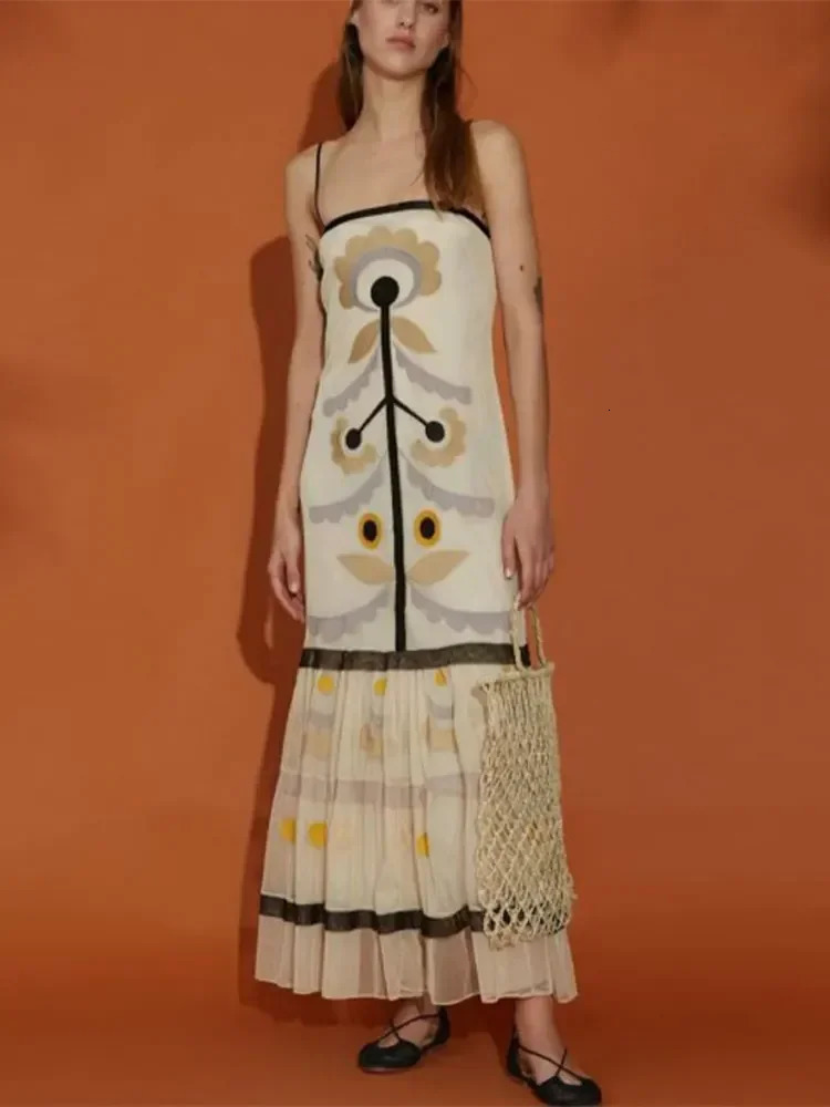 Elegant Print Patchwork Backless Spliced Sling Midi Dress Women Summer Ruffles Sleeveless Vestidos Holiday Robes Female 240327