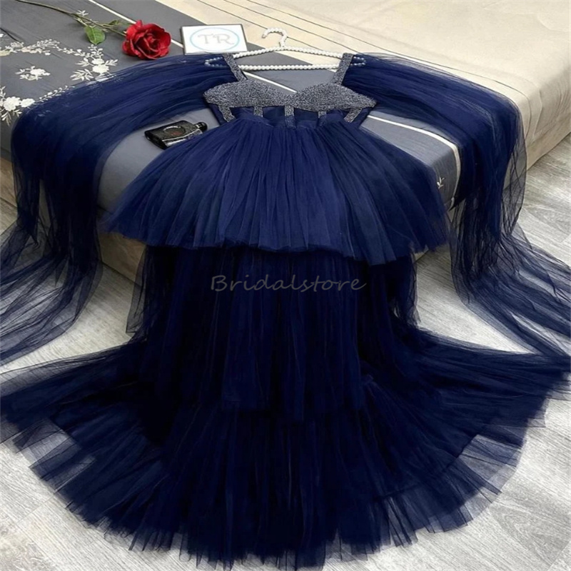 Navy Blue Saudi Arabic Evening Dresses 2024 Cape Sleeves A Line Tiered Tulle Maxi Prom Dress Ankle Length Beaded Formal Birthday Party Dress Turkish V
