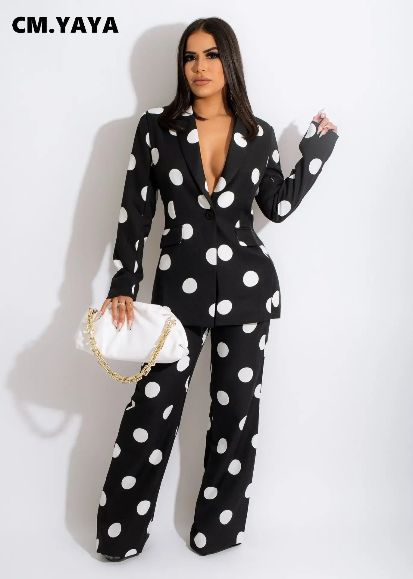 CMYAYA Spring Winter Polka Dot Women Two 2Piece Set Outfit Single Breasted Blazer and Straight Pants Suit Office Lady Tracksuit 240327