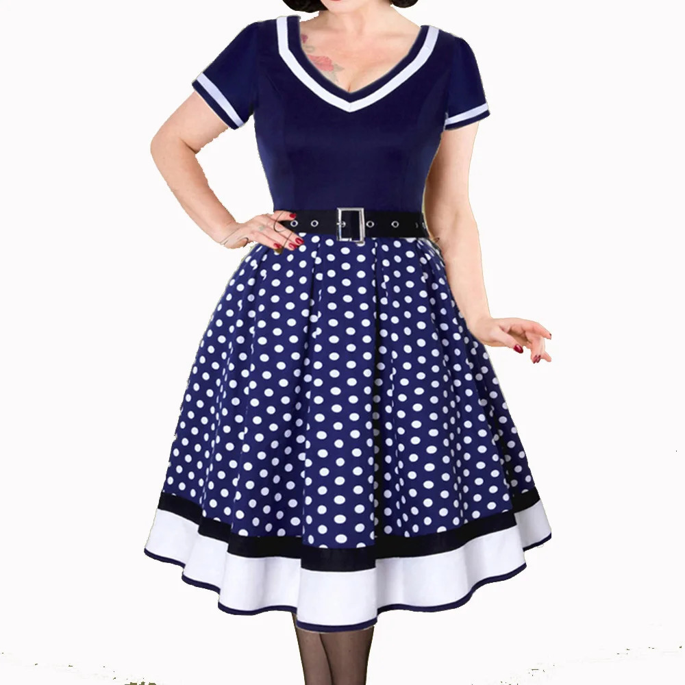 Polka Dot Swing Women Summer Dresses Hepburn Style VNeck Short Sleeve Robe Pinup Vintage Rockabilly Party Office Dress 240327
