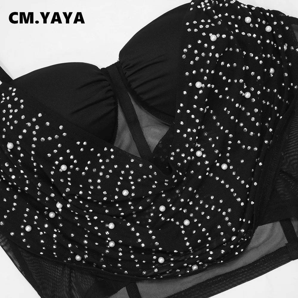 CMYAYA Women Diamonds Rhinstones Midi Mini Skirt Suit and Strap Plle Neck Crop Top 2023 Sexy Two 2 Piece Dress Sets Outfits 240323