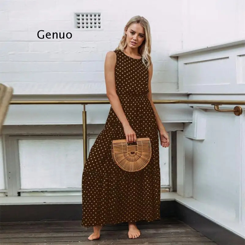 Women Summer Boho Casual Sleeveless Dress Homewear PolkaDot Party Beach Long Maxi Navy Sundress 240323