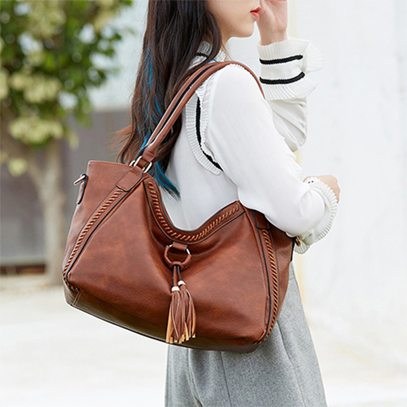 new European and American retro tassel tote bag, single shoulder bag, bucket bag