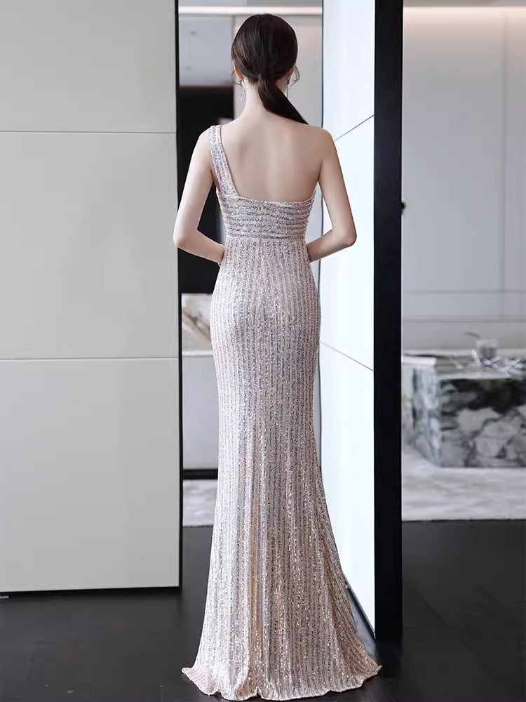 Glittering Champagne Sequined Evening Dresses Sexy One Shoulder Formal Prom Gowns Side Slit Mermaid Women Special Occasion Dress