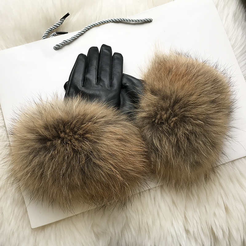 Real Raccoon Fur Gloves Women's Genuine Leather Gloves Big Raccoon Fur Sheepskin Gloves Female Winter Velvet Warm Touch