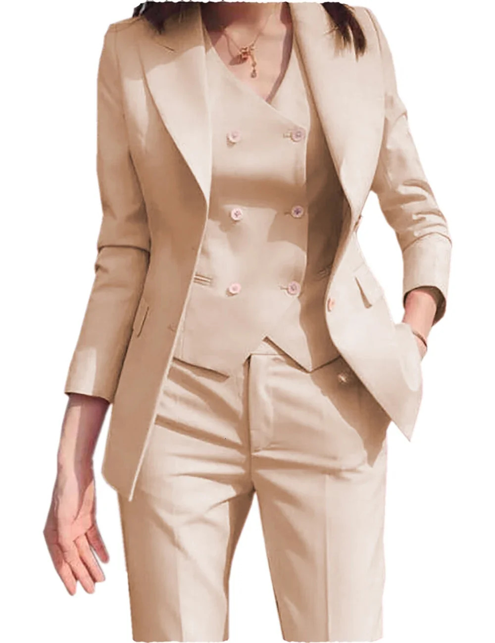 Fashion Ladies Business Solid Color Suits Trousers Waistcoat Womans Pink Blazers Jacket Pants Vest Set 240327