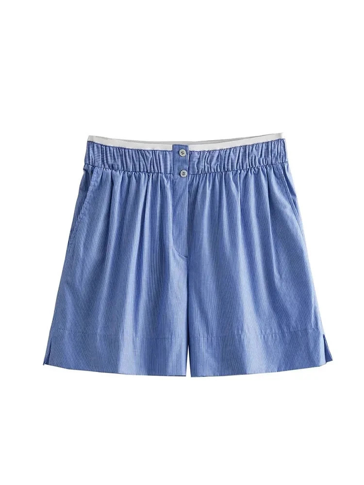 Nlzgmsj Vintage Blue Striped Chic Women Suit Single Breasted Turndown Collar Blouse Loose Shorts Autumn Female Set 240323