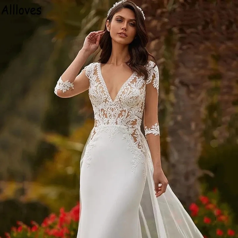 Neck Overskirts V Tulle Mermaid Wedding Dresses with Half Illusion Sleeves Lace Appliqued Boho Beach Bridal Gowns Elegant Satin Sexy Open Back Robes